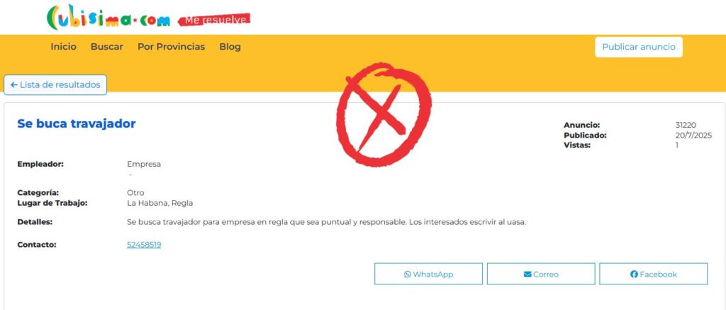 Ejemplo de un anuncio de empleo mal redactado en Cubisima, con errores ortográficos, sin detalles claros del puesto ni requisitos específicos.