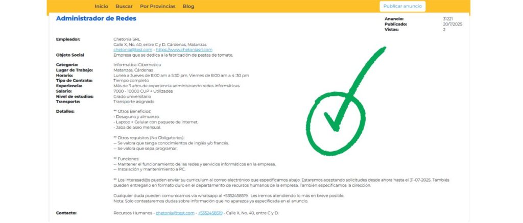 Ejemplo de un anuncio de empleo bien redactado en Cubisima, con información completa sobre funciones, salario y requisitos.